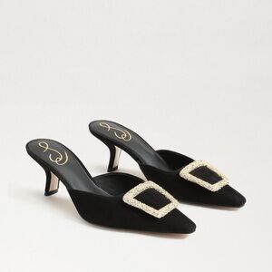 Sam Edelman Black Pointed-Toe Mules with Gold Buckle